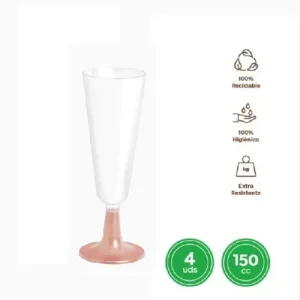 Copa Cava Reutilizable Transparente y Pie Rosa 150cc